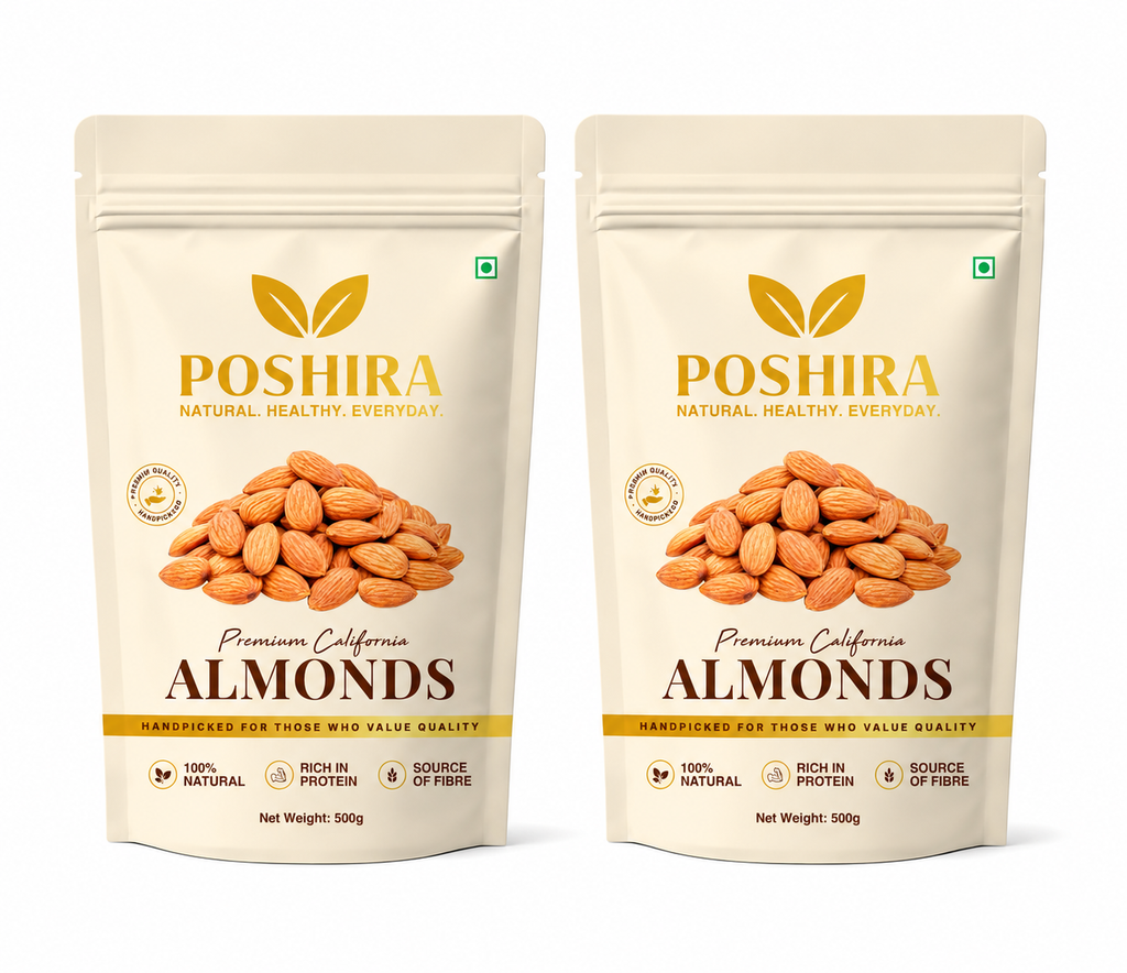 POSHIRA Premium California Almonds (Badam) | 1kg (500gx2) | Gourmet Almonds | Jumbo Size | Daily Snacking | Vegan, Gluten Free, Non-GMO