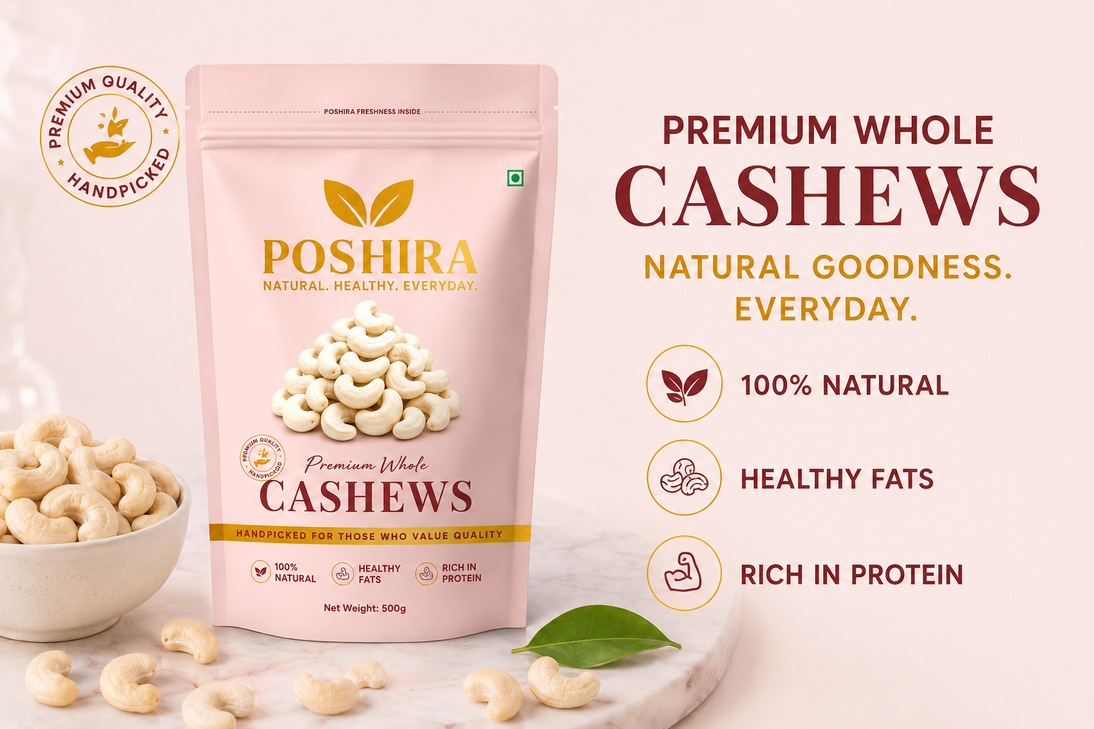 POSHIRA Premium Whole Cashews 500g | Jumbo Size W240 Kaju | Handpicked