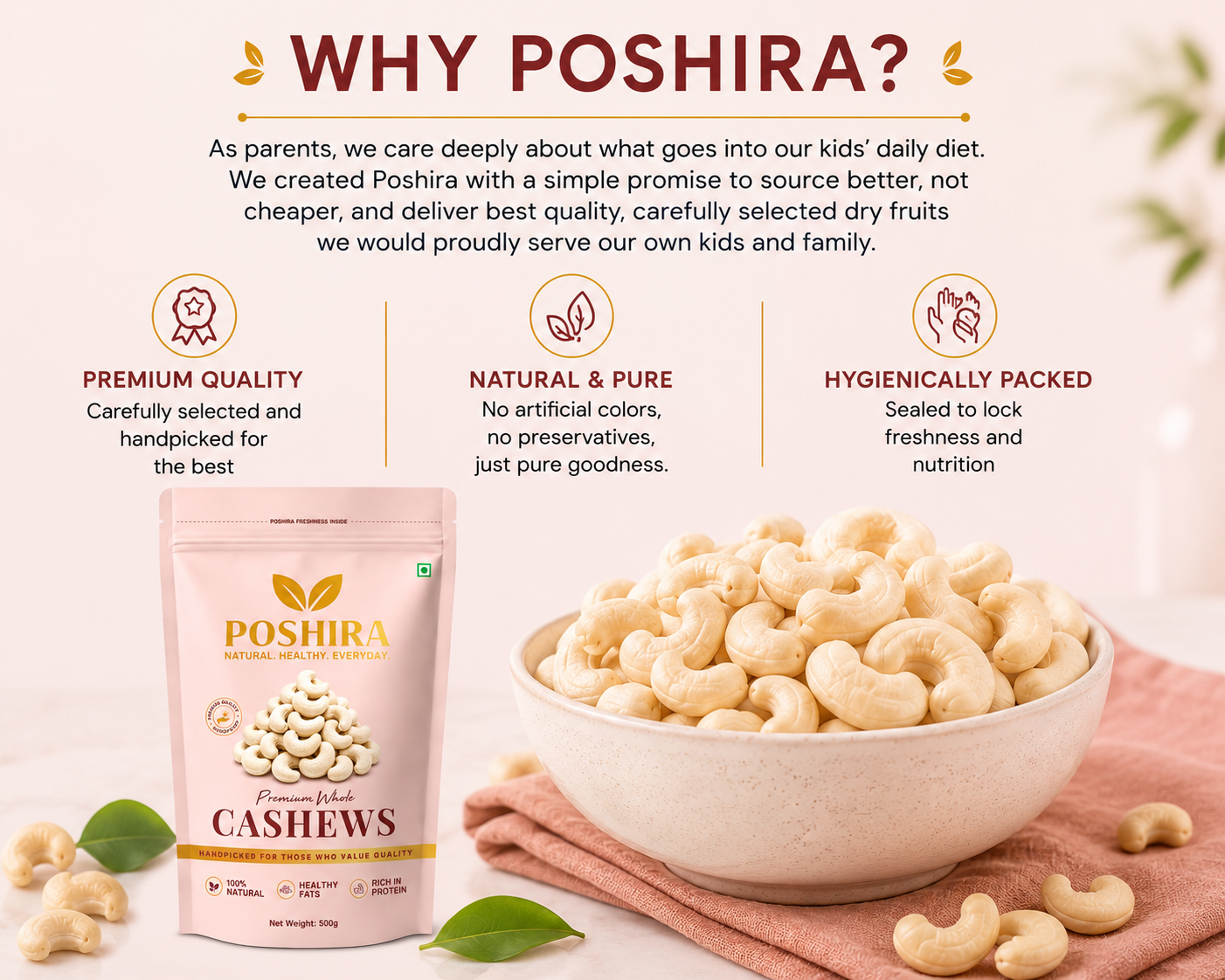 POSHIRA Premium Whole Cashews 500g | Jumbo Size W240 Kaju | Handpicked