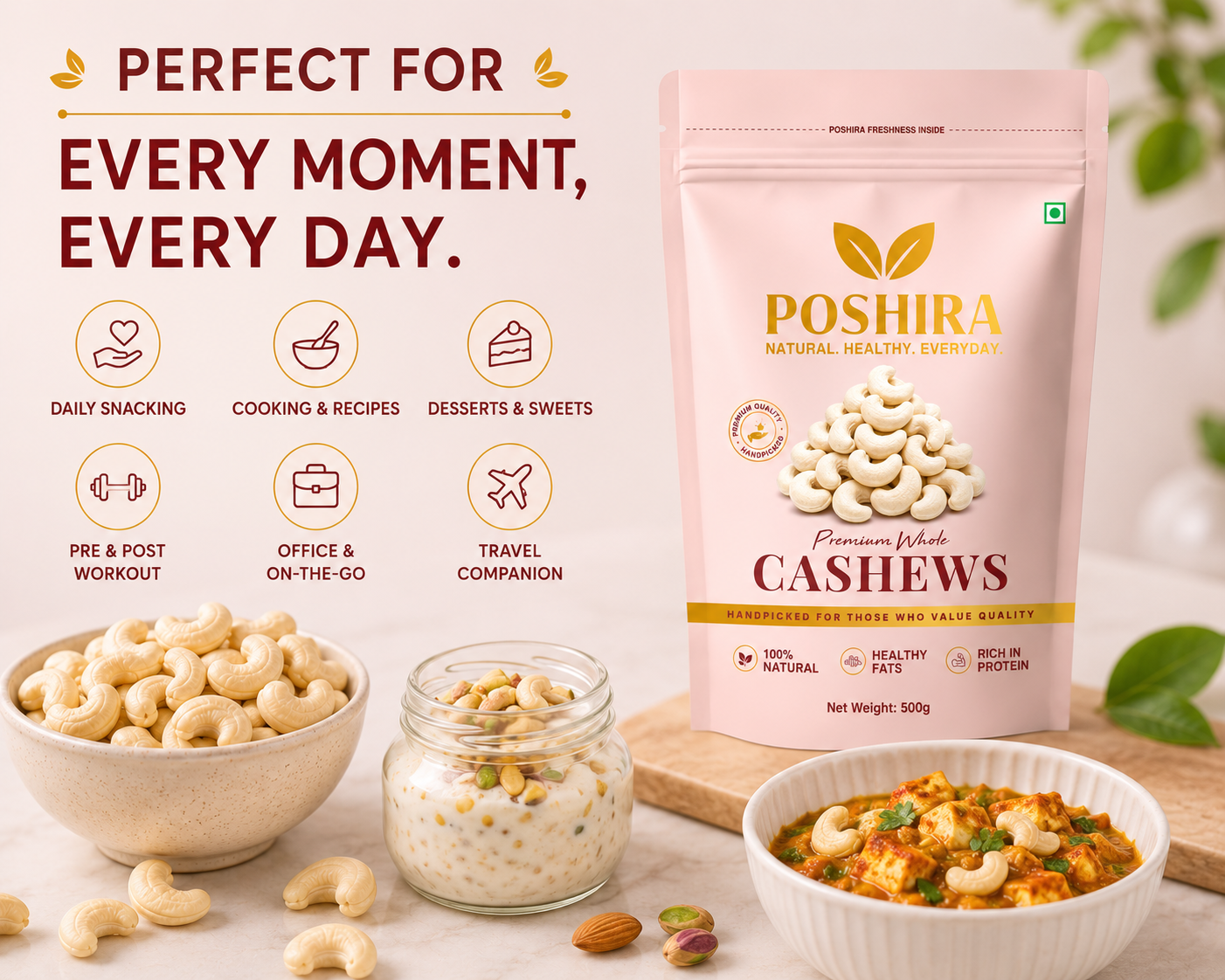 POSHIRA Premium Whole Cashews 500g | Jumbo Size W240 Kaju | Handpicked