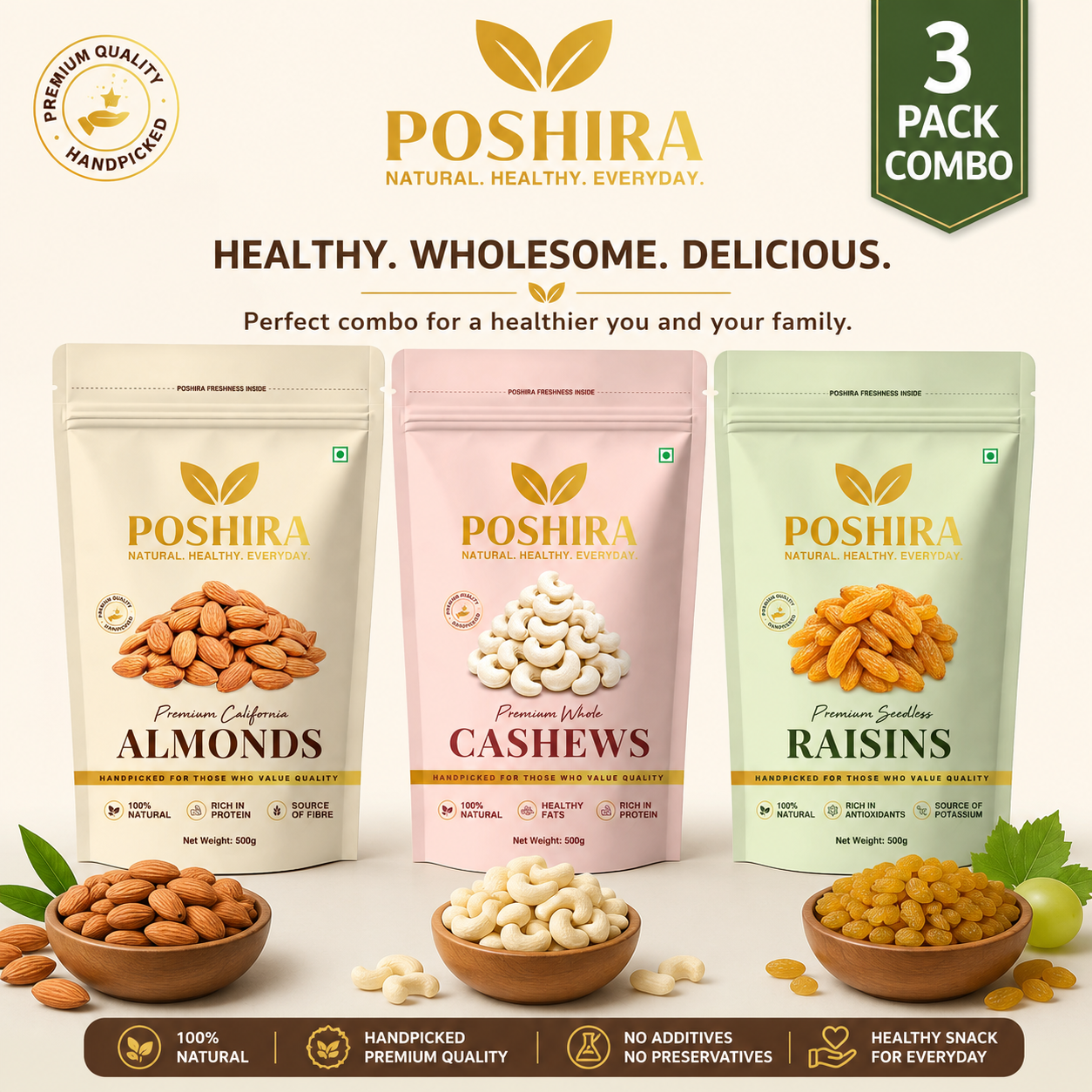 Dry Fruits Combo - Almond + Cashew + Raisin (500g Each)