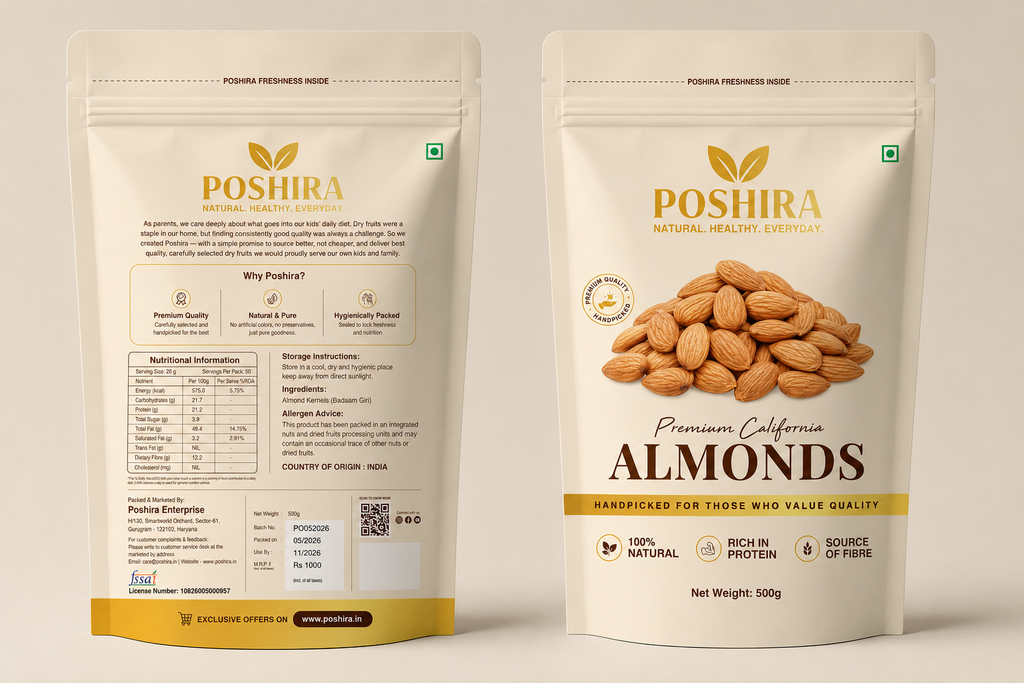 POSHIRA Premium California Almonds (Badam) | 1kg (500gx2) | Gourmet Almonds | Jumbo Size | Daily Snacking | Vegan, Gluten Free, Non-GMO