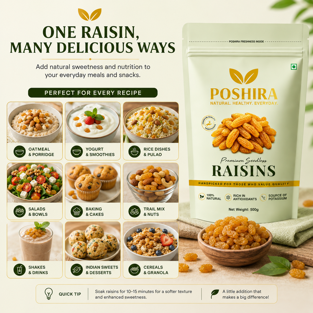 POSHIRA Premium Seedless Long Raisins 500g | Kishmish | Naturally Sweet
