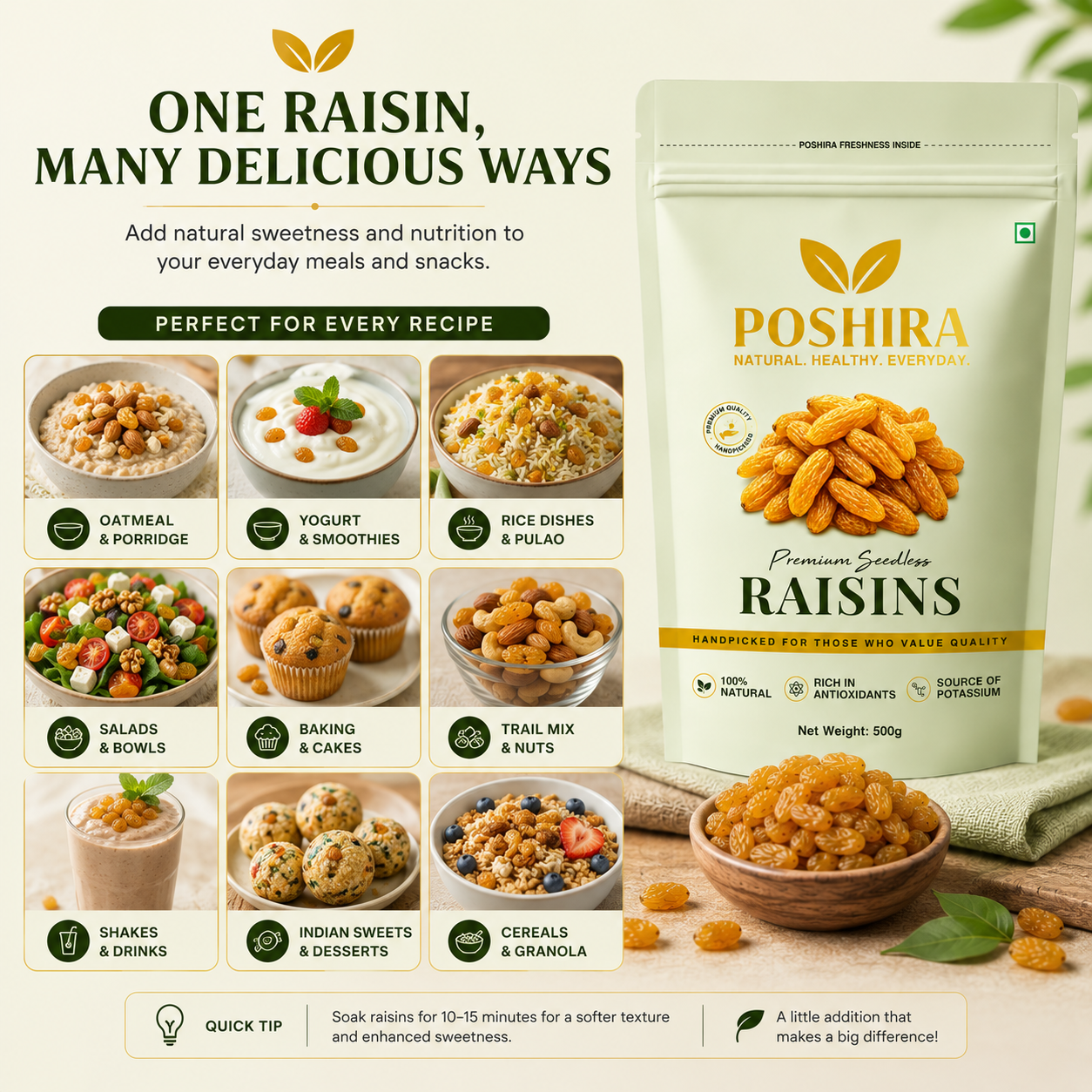 POSHIRA Premium Seedless Long Raisins 500g | Kishmish | Naturally Sweet