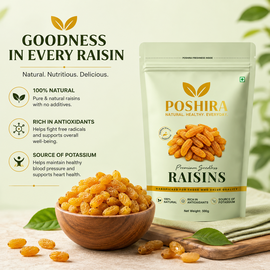 POSHIRA Premium Seedless Long Raisins 500g | Kishmish | Naturally Sweet