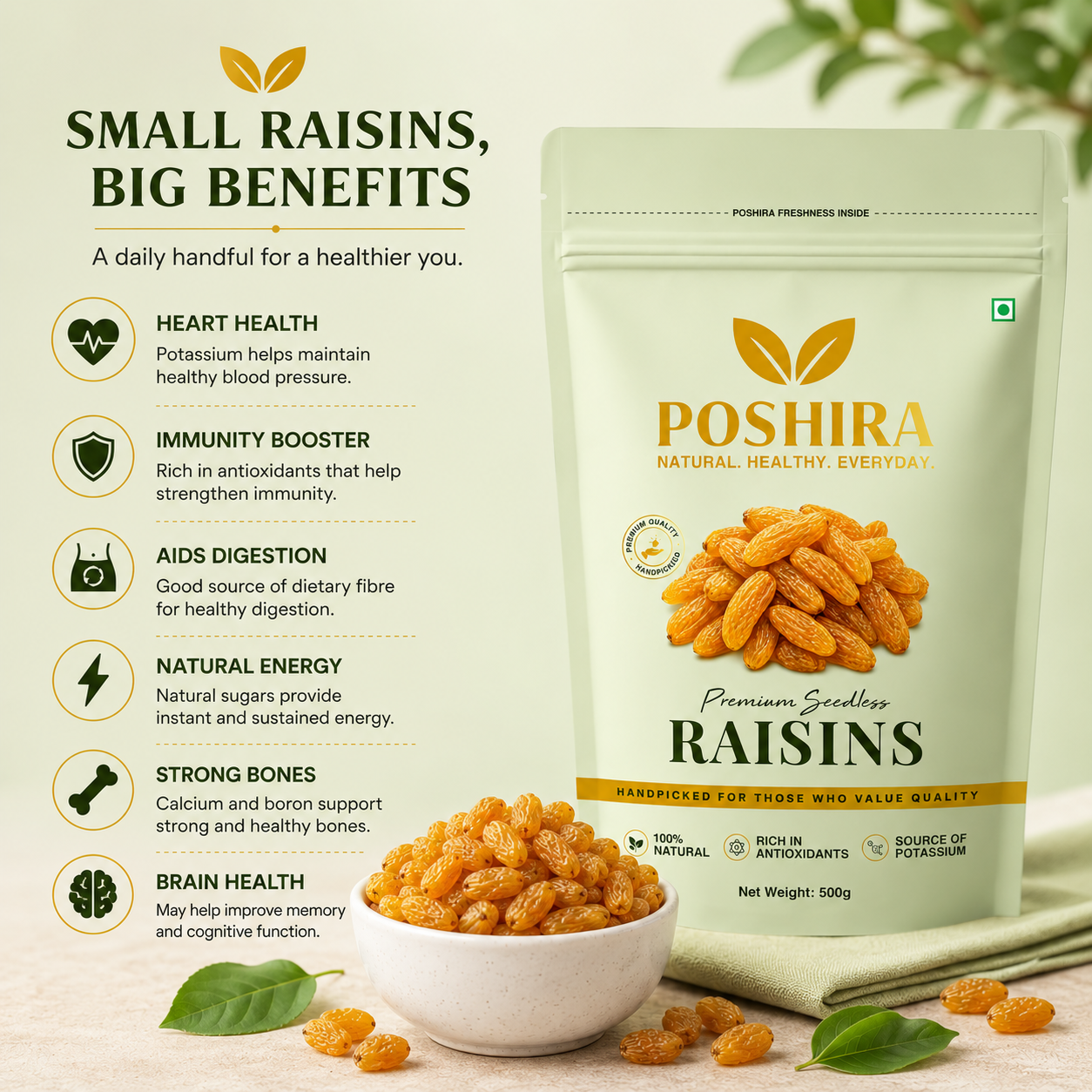 POSHIRA Premium Seedless Long Raisins 500g | Kishmish | Naturally Sweet