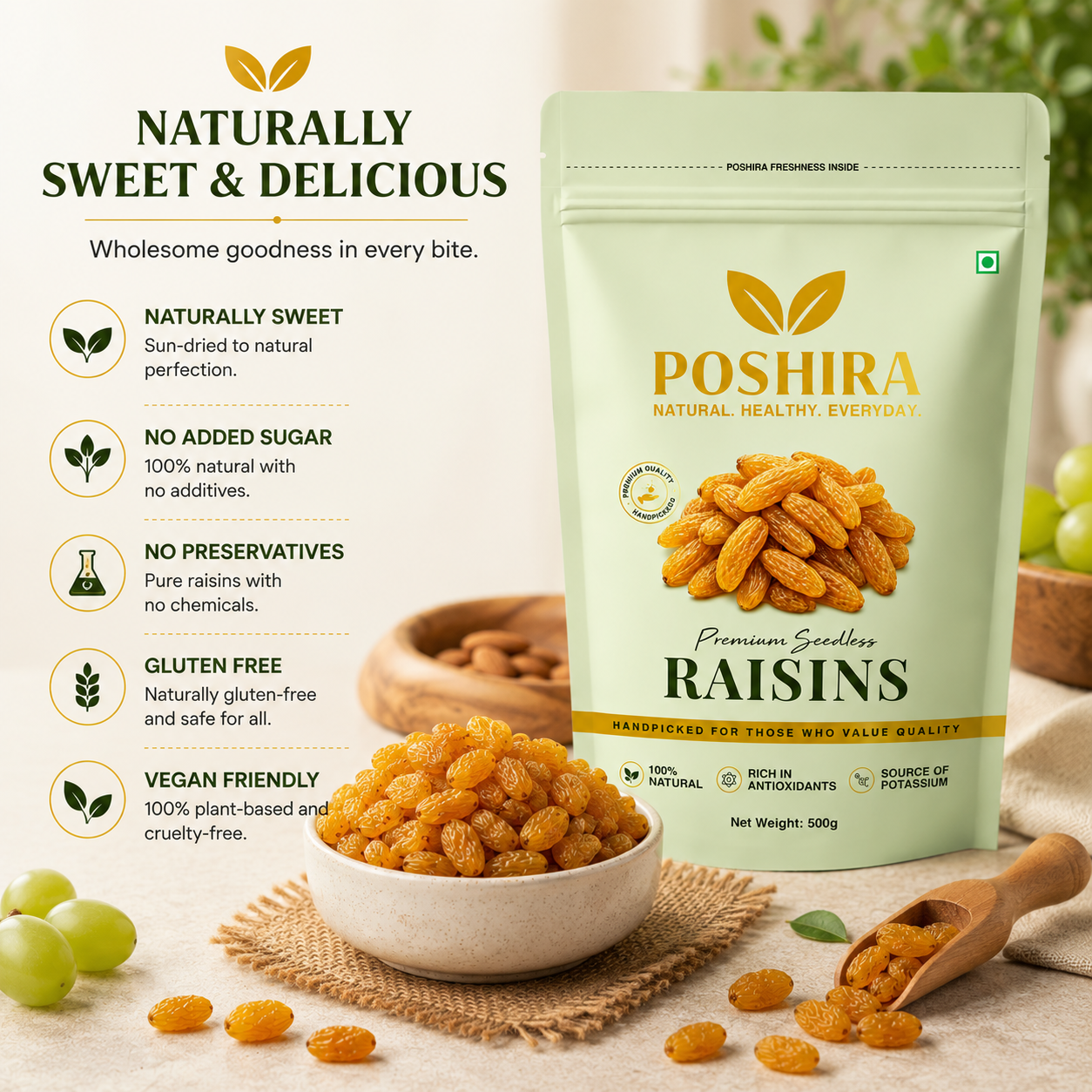 POSHIRA Premium Seedless Long Raisins 500g | Kishmish | Naturally Sweet