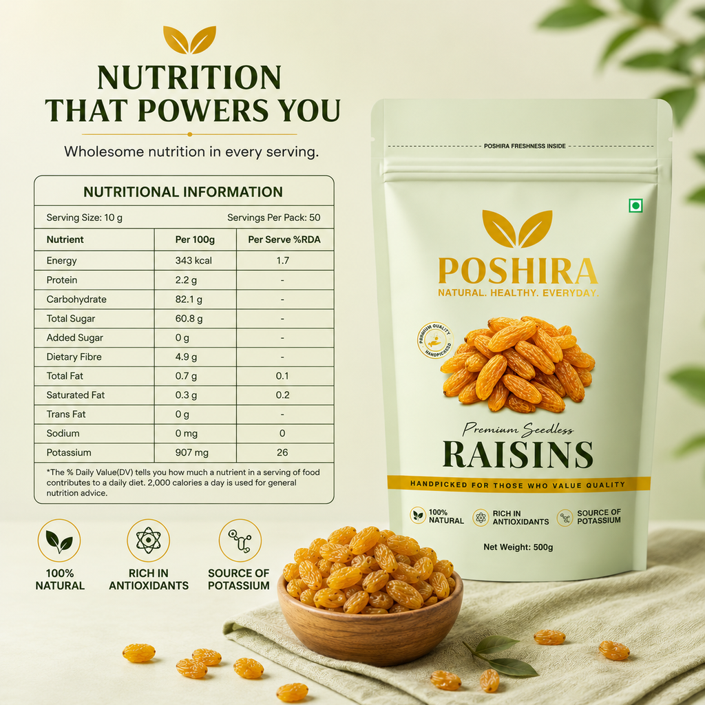 POSHIRA Premium Seedless Long Raisins 500g | Kishmish | Naturally Sweet