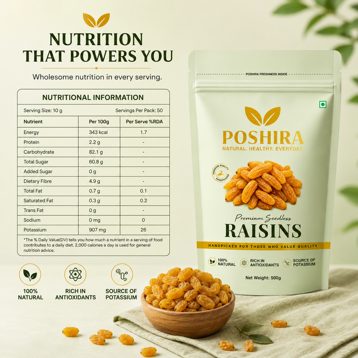 POSHIRA Premium Seedless Long Raisins 500g | Kishmish | Naturally Sweet