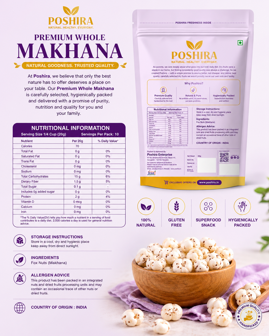POSHIRA Jumbo Makhana 200g | 6+ Suta |  Fox Nuts | Prasadam Makhana | Fit for Fasting